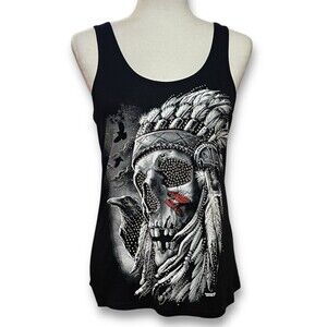 Bikers Pride Black Rhinestone Indian Skull Cut-out Tank Top Women’s Medium